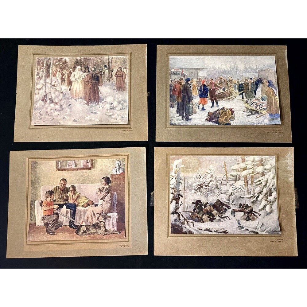 Set 4 RARE Soviet Realism Prints Russian Ukraine Propaganda Winter Military Art